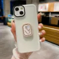 White iPhone case with elegant pearl tulip phone grip stand, durable protective cover. - Transparent Color / iPhone 15Promax
