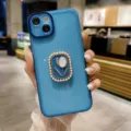 Custodia per iPhone blu con elegante design di supporto per fiori di tulipano di perle, protettiva. - Blu