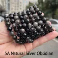 Natural 5A grade silver sheen obsidian beaded bracelets with round glossy stones - 6mm / Bracelet (27 Beads) / 5A Grade Natural Silver Obsidian
