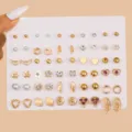 Set orecchini a lobo perla strass cuore piuma lega oro, 30 paia stile vintage misto elegante. - Set orecchini a bottone stile misto 2
