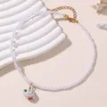 Weisse Perlen Perlenketten Halskette mit suessen Tieranhaenger, Damen Modeschmuck Alltag. - Rosa und Grün (NZ3247)