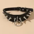 Goth punk leather choker necklace with metal spikes and O-ring for women and girls style. - Large O-Ring Spike Style (NZ2926)