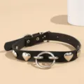 Black leather choker necklace featuring heart metal studs and center ring detail close-up. - Heart Rivet Style (NZ2924)
