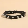 Black PU leather spiked choker necklace punk gothic style metal rivets fashion jewelry accessory - Conical Rivet Style (NZ2925)
