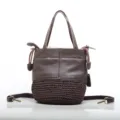 Brown leather woven bucket bag with top handle and detachable strap for casual daily wear. - Dark Coffee