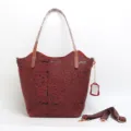 Wine red vintage embossed leather tote bag with top handle and detachable shoulder strap. - Burgundy