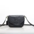 Genuine leather women's crossbody shoulder bag, stylish black saddle bag with contrast white stitching. - Black
