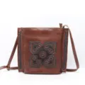 Vintage brown leather shoulder bag with handmade retro floral design for women daily use. - Brown