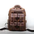 Zaino in pelle vintage da uomo, grande borsa da viaggio con tasche multiple e stile classico. - Marrone scuro