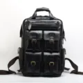 Black genuine leather vintage backpack, multi-pocket tactical daypack for men and travel. - Black