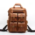 Vintage brown genuine leather men's backpack, multi-pocket business travel school bag. - Brown