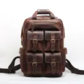 Dark Brown Crazy Horse Leather Backpack Vintage Multi-Pocket Casual Travel Daypack SKU Item - Coffee