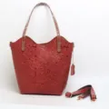 Vintage embossed leather tote bag for women, genuine cowhide shoulder handbag with strap. - Rose Red