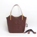 Vintage floral embossed genuine leather tote bag with top handles and detachable shoulder strap. - Reddish Brown 13