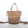 Borsa secchiello in vera pelle e paglia intrecciata con manico e tracolla marrone. - Kaki