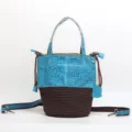 Leather woven bucket bag for women, top handle shoulder crossbody handbag with embossed design. - Blue - Embossed