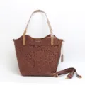 Vintage embossed leather tote bag for women, genuine cowhide handbag with shoulder strap. - Dark Brown