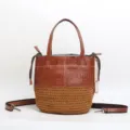 Vintage leather woven bucket bag for women, stylish brown top handle shoulder crossbody bag. - Dark Brown - Embossed