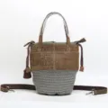 Stylish genuine leather woven bucket bag with top handle and adjustable shoulder strap. - Grass Green - Embossed