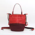 Korean style genuine leather woven bucket bag with top handle and shoulder strap for women - Bright Red - Embossed