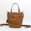 Brown leather woven bucket bag top handle shoulder crossbody bag for women daily chic casual. - Light Brown - Embossed