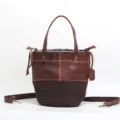 Handmade genuine leather bucket bag with woven bottom, top handles and shoulder strap for women. - Reddish Brown - Embossed