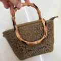 Retro in leer gemaakte handtas met bamboe handvat, bruine vintage kleine damestas - Geelbruin 2