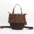 Korean style handmade leather woven bucket bag, stylish top-handle shoulder messenger bag. - Coffee - Embossed