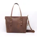Borsa shopper vintage in pelle cavallo pazzo da donna, grande borsa a tracolla. - Marrone