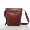 Borsa a secchiello in pelle marrone, borsa a tracolla vintage retrò con cuciture bianche. - Caffè Scuro