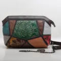 Borsa a tracolla in vera pelle patchwork da donna, design retrò con stampa floreale. - Verde