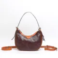Borsa a tracolla hobo in vera pelle da donna, elegante borsa a mezzaluna bicolore marrone. - Caffè