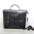 Black genuine leather men's briefcase business laptop bag with top handle and shoulder strap - Black