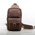 Brown crazy horse leather men chest bag, vintage multi-pocket single shoulder crossbody bag. - Red Brown