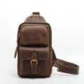 Men's vintage crazy horse leather chest bag, multi-compartment casual sling backpack. - Brown