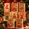 Detailed view of various Christmas-themed kraft paper gift bags with handles. - Combination Package / 8 Bags