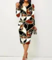 Elegante vestido midi ajustado de manga larga para mujer con estampado baroque de cadenas - S / Vestidos / Arcoíris