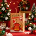 Detailed view of festive kraft paper Christmas gift bag with Santa and reindeer print. - Christmas Clothes / 15*8*21cm