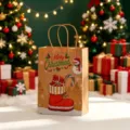Detail van feestelijke Kraft papieren cadeautas met kerstsneeuwpop print - Kerstlaars Charm / 15*8*21cm