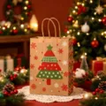 Detailed macro view of festive Christmas kraft paper gift bag with printed tree - Christmas Tree / 15*8*21cm