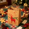 Christmas kraft paper gift bag with red reindeer print on festive background - Christmas Reindeer / 15*8*21cm