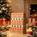 Detailed view of kraft paper Christmas gift bag featuring red reindeer and snowflake patterns - White Ink Deer / 15*8*21cm