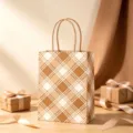 Brown plaid kraft paper gift bag with handles for Christmas parties and gift giving - White Ink Plaid / 15*8*21cm