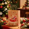 Festive Christmas kraft paper gift bag featuring Santa sleigh and snowflake patterns. - Christmas Sleigh / 15*8*21cm