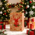 Festive brown kraft paper gift bag with red reindeer and snowflake print for Christmas - Christmas Reindeer / 15*8*21cm