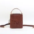 Brown genuine leather embossed bucket bag, retro floral pattern handbag with shoulder strap. - Red Brown