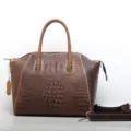 Borsa a mano in vera pelle stampa coccodrillo, grande borsa a spalla marrone vintage. - Marrone scuro