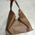 Brown leather hobo tote bag, stylish slouchy shoulder bag for women daily commute. - Khaki