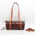Donna vintage pelle conciata al vegetale borsa a barilotto retro borsa a spalla - Caffè Scuro