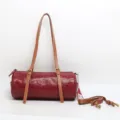 Borsa a tracolla cilindrica in pelle rossa, borsa a cuscino retrò con manici marroni donna. - Rosso Vino